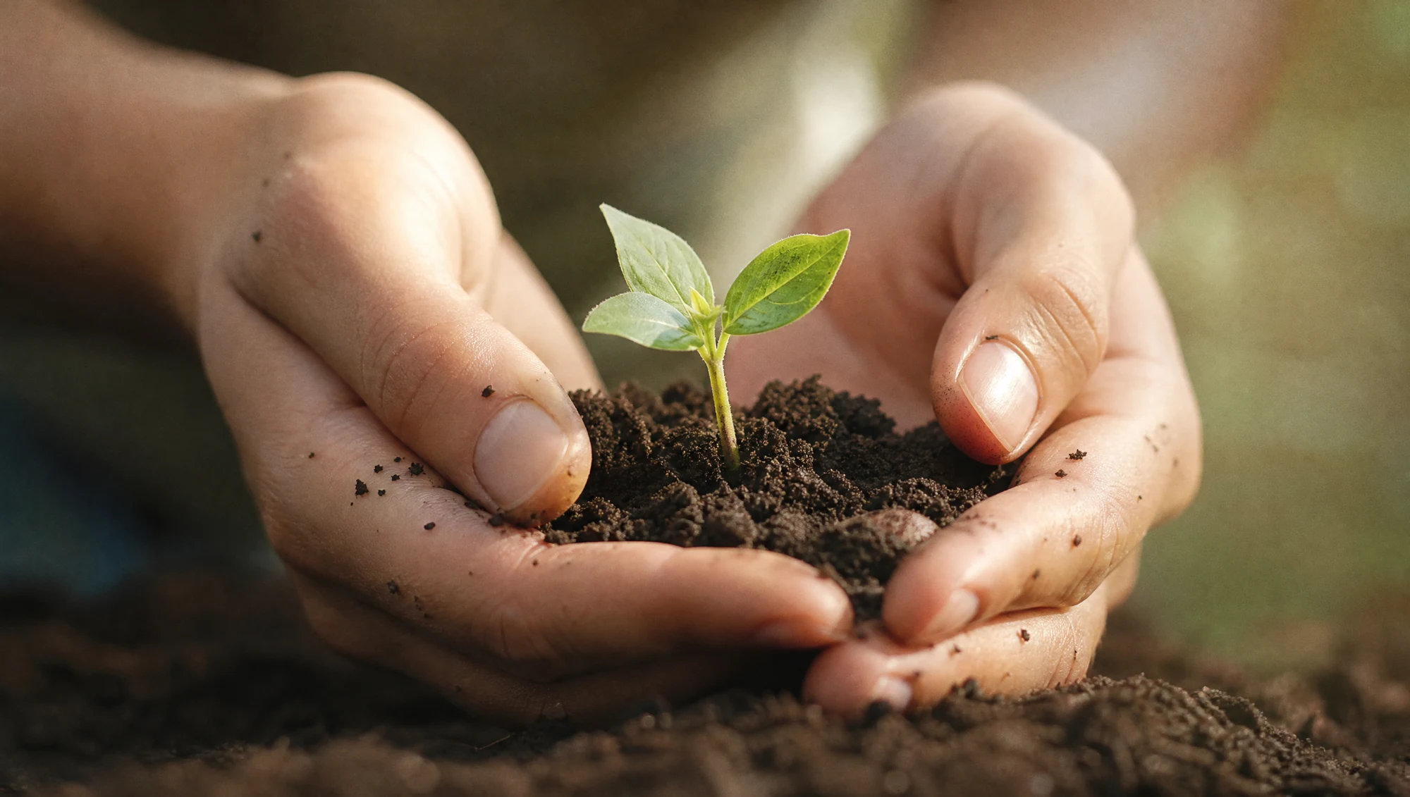 Two hands cupping dark soil with a small green seedling