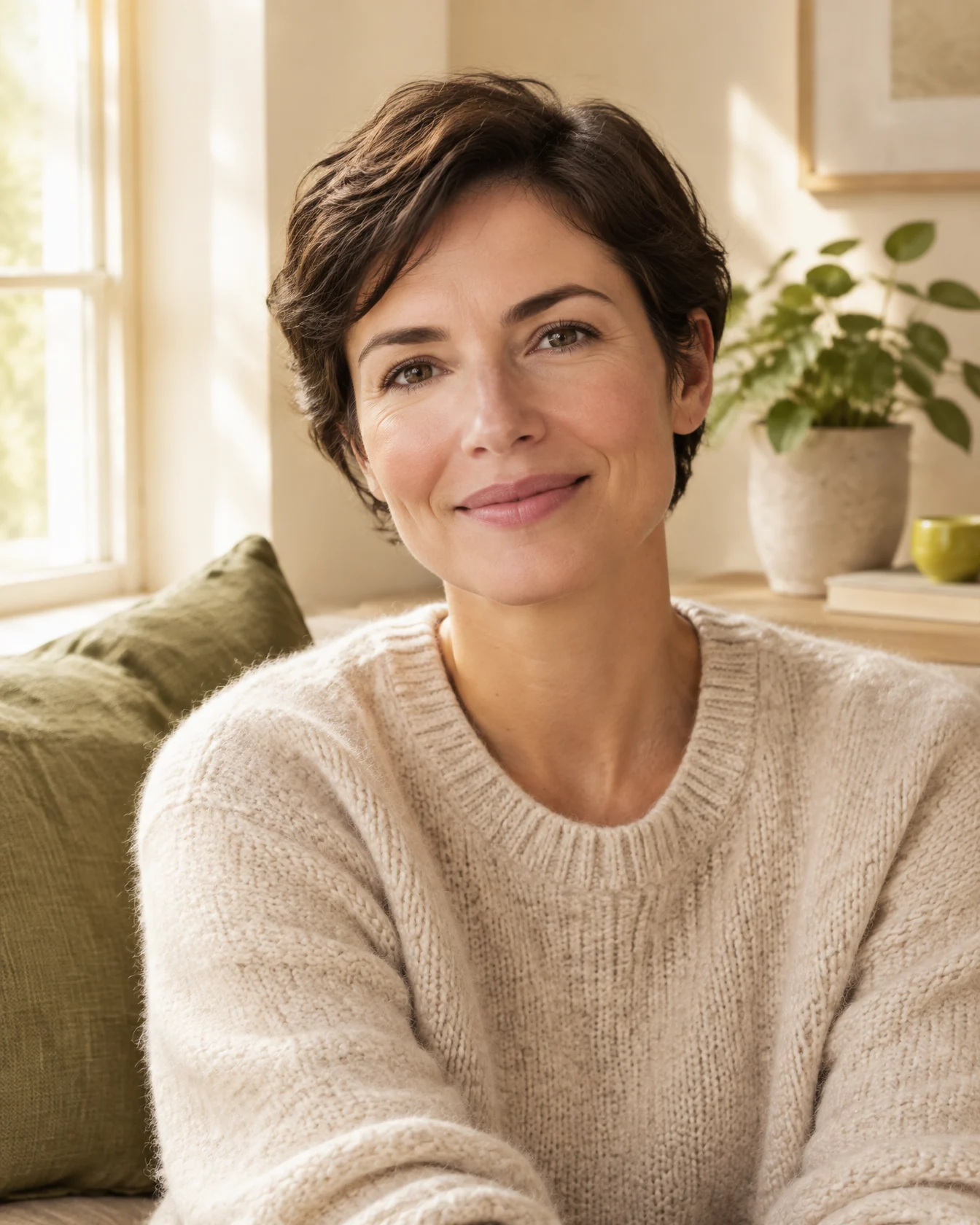 Seedwell's product co-founder, a woman with short dark hair in a cream sweater, smiling by a sunlit window