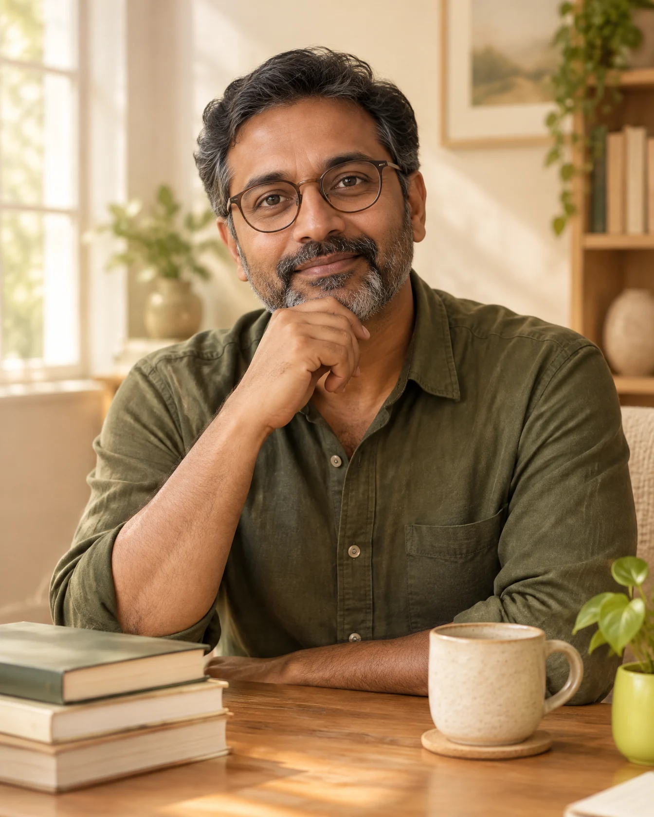 Seedwell's cognitive-science co-founder, a bearded man in round glasses and an olive shirt at a wooden desk