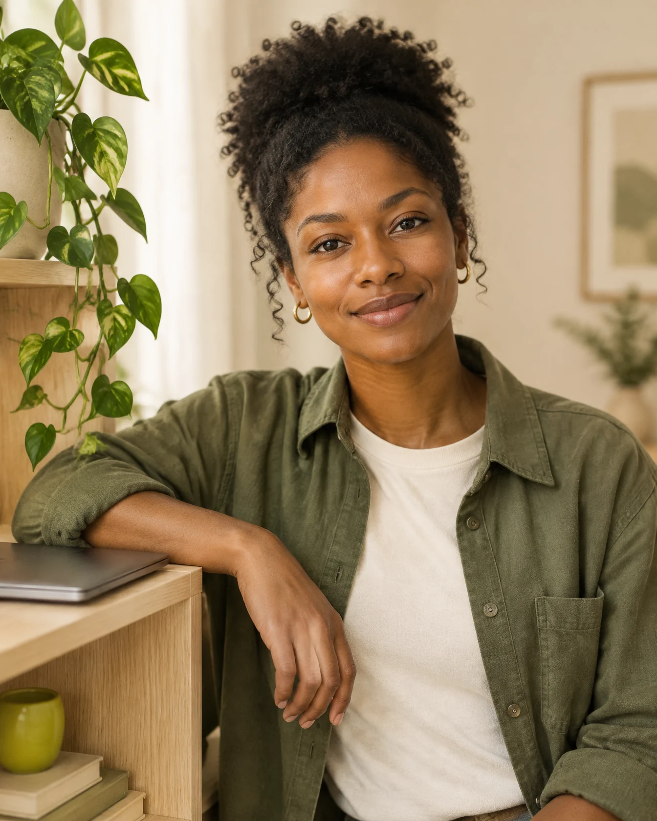 Seedwell's lead engineer, a woman with curly hair in a sage overshirt leaning on a wooden shelf