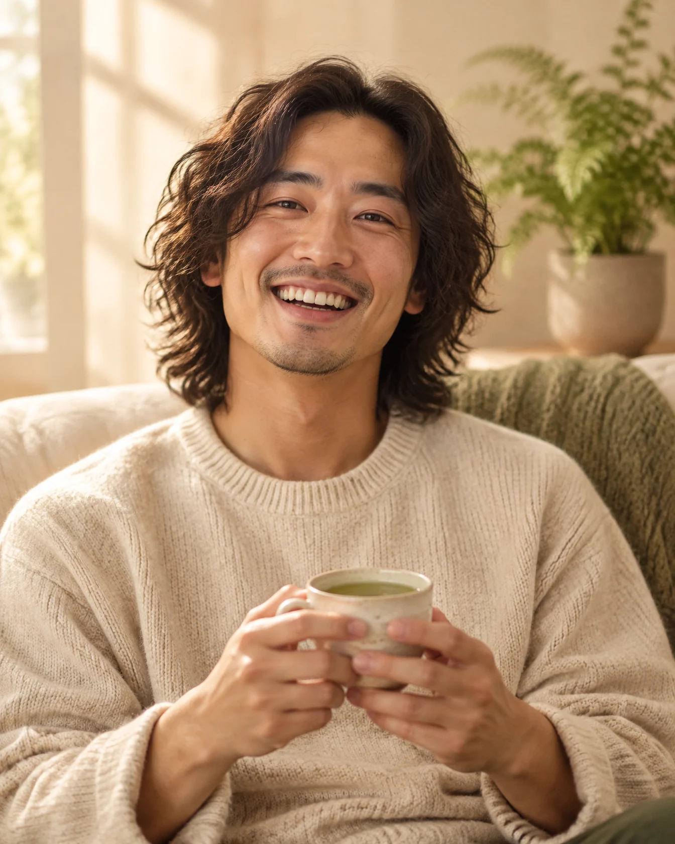 Seedwell's head of community, a man with wavy hair in a cream sweater laughing with a cup of tea
