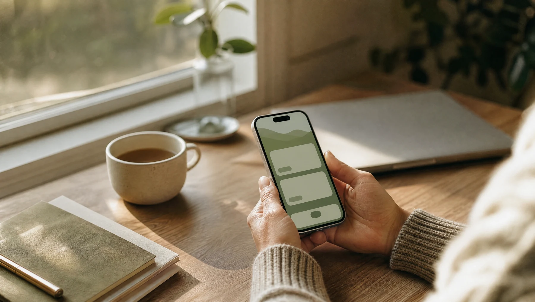 Hands holding a phone with a calm green app at a sunny morning desk